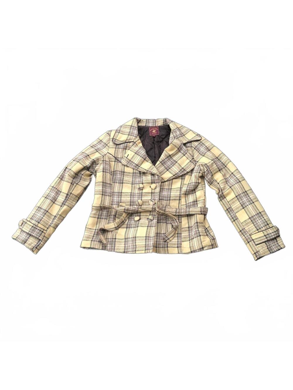 Beverly Hills Polo Club Women's Plaid Belted Pea Coat Jacket Size L Y2K